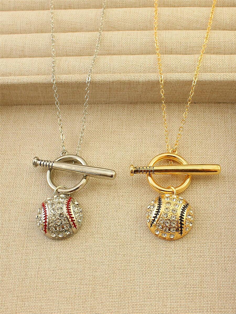 1pc Baseball Bat Pendant Necklace, Cubic Zirconia Inlaid, Sports Theme Jewelry, Women's Gift, Versatile Accessory, Suitable For Daily Wear, Party, Gifting, Unisex - Multicolor - View 1