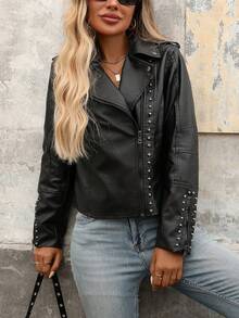 Áo khoác giả da nữ, phong cách punk biker với đinh tán và khóa kéo, áo khoác thời trang. - Đen tối - Xem 5