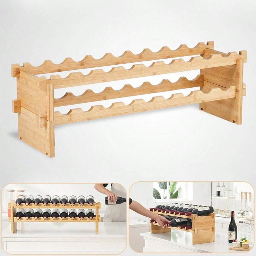 18 Bottle Stackable Modular Wine Rack Bamboo Wood Display Shelf 2-Tier - Apricot - View 1