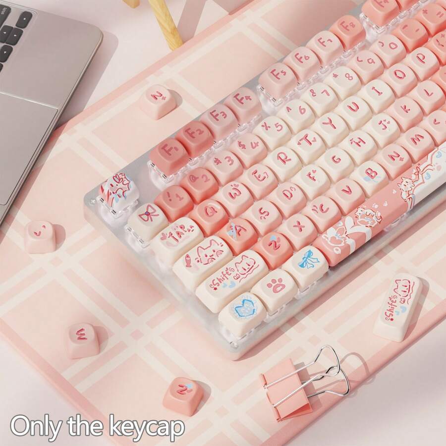 PBT Keycaps, MOA Profile Keycaps, Cute Round Kawaii Keyboard Keycap,Pink Dye-Sublimated Keycap Set, Transfer Fits MX Switches & 6.25U Space, Keycaps For Keyboard,Keyboard Is Not Included, Keycap Set Only.