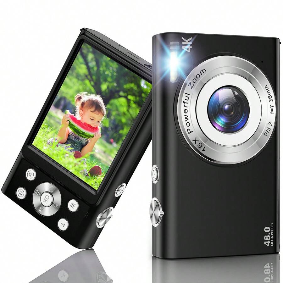 Nicamery 4K超高清Vlog相机，4800万像素数码相机，自动对焦，16倍光学变焦，便携式摄影相机，配备两块电池，高清视频录制，适合学生、家庭、旅行、Vlog、视频博客等场景，高像素紧凑型数码相机，轻巧便携，防抖功能，摄影器材，节日礼物[此链接不包含存储卡，请另行购买] - 黑色 - 查看 1