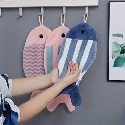 2pcs Cute Fish Shaped Soft Towels, Coral Fleece Material, Absorbent, Striped Pattern In Pink And Green, Suitable For Bathroom And Kitchen, Face Towels, Decorative Fish Design