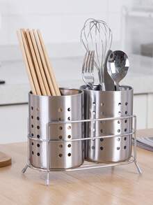 1 buah Rak Sumpit Stainless Steel 2-Jaringan, Rak Pengering Peralatan Makan, Tempat Penyimpanan Peralatan Makan Tahan Lama, Pengatur Penyimpanan Rumah Tangga untuk Meja, Rumah, (Asrama, Tanpa Baki Pengering) - Perak - View 1
