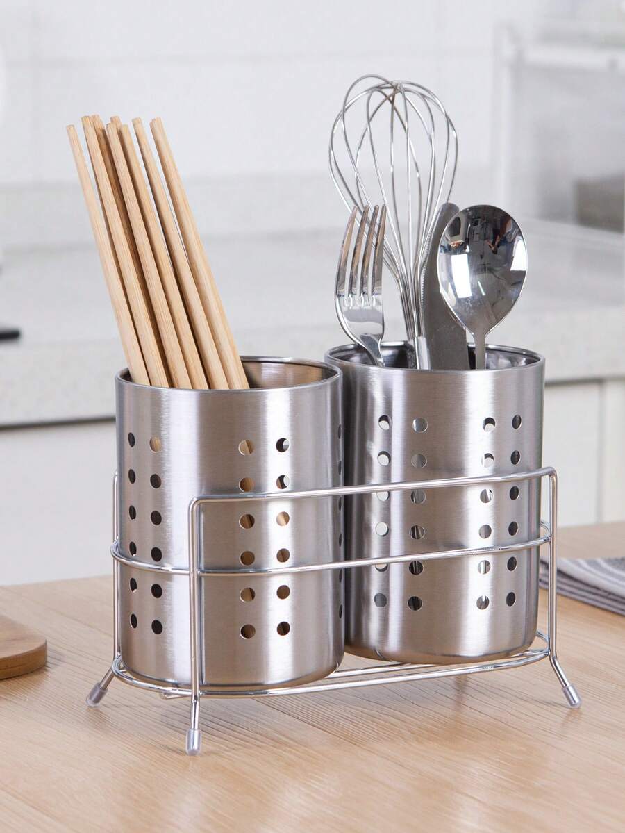 1 buah Rak Sumpit Stainless Steel 2-Jaringan, Rak Pengering Peralatan Makan, Tempat Penyimpanan Peralatan Makan Tahan Lama, Pengatur Penyimpanan Rumah Tangga untuk Meja, Rumah, (Asrama, Tanpa Baki Pengering) - Perak - View 1
