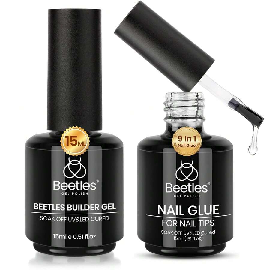 Beetles Top Coat Base Gel & Nail Glue Set-3Pcs No Wipe Top Coat Gel Nail Polish & Base Coat With 9 In 1 Nail Glue Shine Effect Long Lasting Soak Off Uv Light Lamp Diy Nail Gifts For Women & Girls - 2PCS 15ML Nail Glue and Builder Nail Gel - 查看 1