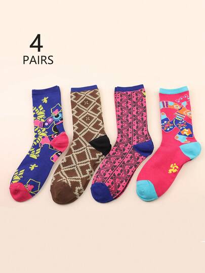 1双/4双异域几何撞色设计复古中筒袜情侣袜