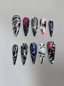 Ten-Piece Set Of Gothic Punk Handmade Nail Art Stickers, Elegant Women's False Nails, Long Pointed False Nails, Luxurious High-End False Nails, 3D Hand-Painted False Nails, Retro False Nails, European And American Hot Girl False Nails, Reusable False Nails, Women's Gifts, Nail Art, Suitable For Girls And Women To Wear To Parties And In Daily Life. - Multicolor - View 10