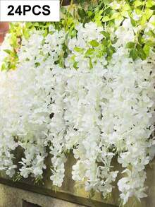 12/24pcs Artificial White Wisteria Flower Wreath, Made Of UV Resistant Plastic Vines And Real Green Leaves - Outdoor/Hanging Flower Wreath, Suitable For Weddings, Porch, Garden Decoration, Valentine's Day Decoration - White - View 8