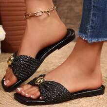 Dressy Metal Hardware Decoration Flat Sandals For Women Shoes Beach Comfort Open Square Toe Summer Casual Fashion Slides Slippers Flats - màu đen - Xem 7