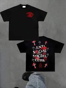 Anti Social Club Graphic Cropped T-Shirt For Boys And Girls Men, Women All Ages Family T-Shirt Letter New Streetwear Clothing Harajuku T-Shirt Cotton Half Sleeve Tee, Y2K Style Casual Cotton Classic Crewneck Design Tee - Black - View 1