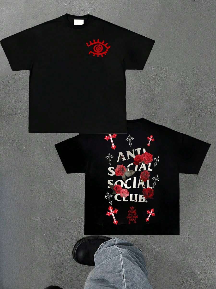 Anti Social Club Graphic Cropped T-Shirt For Boys And Girls Men, Women All Ages Family T-Shirt Letter New Streetwear Clothing Harajuku T-Shirt Cotton Half Sleeve Tee, Y2K Style Casual Cotton Classic Crewneck Design Tee - Black - View 1