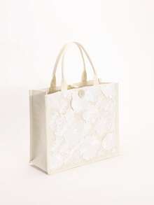 1 chiếc túi tote vải lanh phối lưới và đính sequin nhiều màu sắc, thiết kế thêu hoa lá thời trang, túi đeo vai vuông dung tích lớn, túi mua sắm phong cách thường ngày cho kỳ nghỉ (Họa tiết hoa được phân bố ngẫu nhiên) - trắng - Xem 5