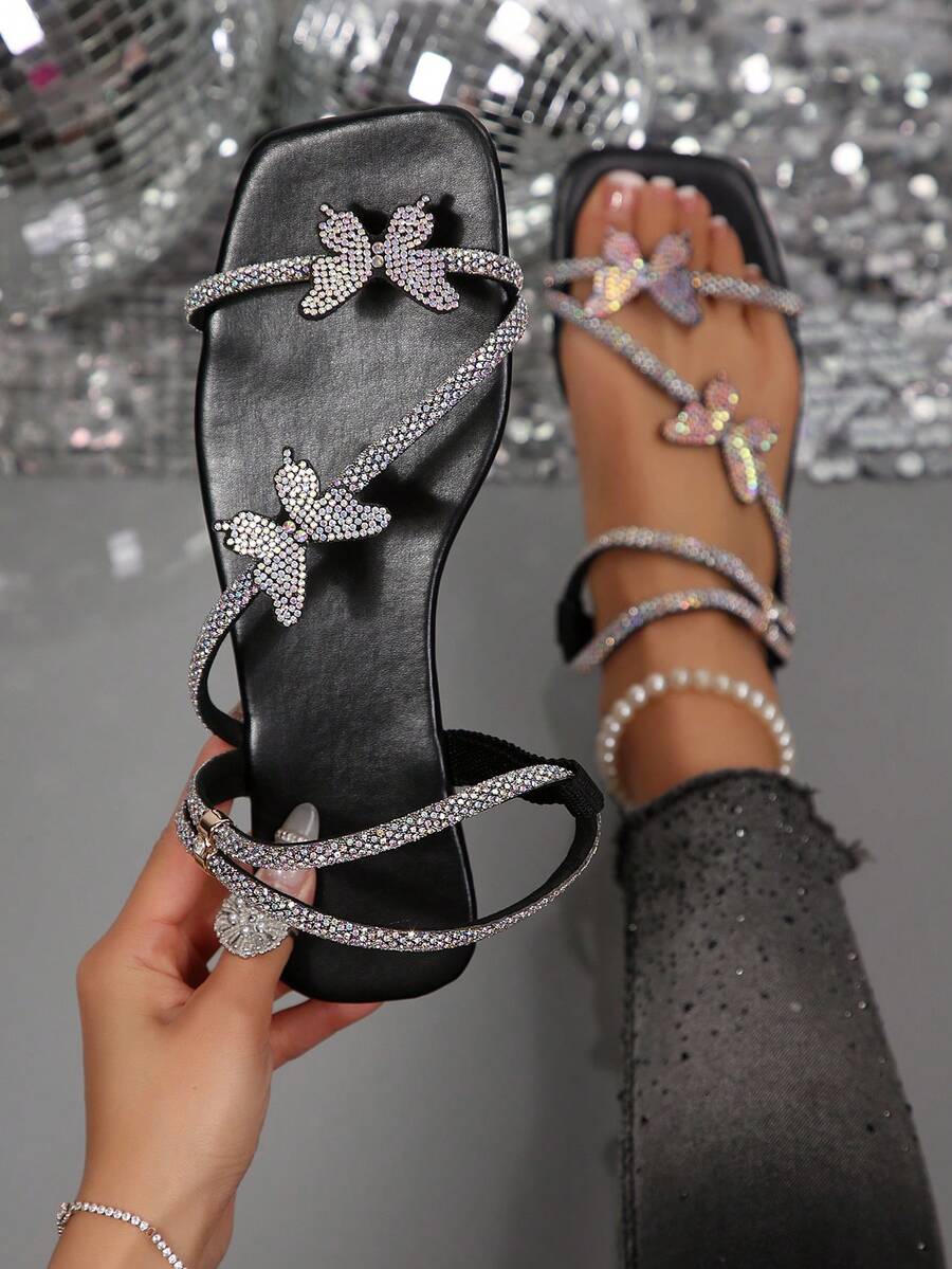 French Style Flat Bow Rhinestone Slide Sandals, Women's Summer Outdoor Wear New Fashion Slippers, Suitable For Dates, Shopping, Parties - Black - View 1