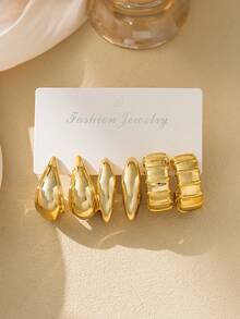 6-18件套金银玫瑰花耳环套装，包含大号C形、纹理C形和光滑C形耳环，适合日常及节日佩戴，UV电镀不褪色，ABS树脂材质。 - 彩色 - 查看 3