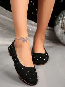 Black Suede Rhinestone Low Vamp Flat Shoes, Gentle Style Commute Versatile Grandma Shoes For Women - Black - View 6