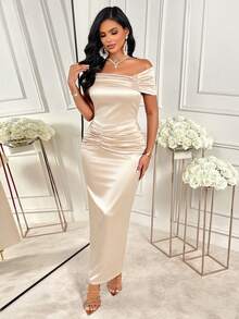 AIJ Amarilo Women's Rust Orange Satin Off-Shoulder Fitted Maxi Dress - Waist Ruched Design, Elegant Wedding Guest & Party Attire - Apricot - View 1