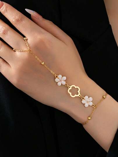 צמיד שרשרת פרחוני חמוד - תכשיטים פרחוניים מינימליסטיים ללבישה יומיומית - מתאים למסיבות קיץ (ללא קופסת מתנה) - מיקום ומספר החרוזים על שרשרת השעועית אקראיים, בהתאם לאורך