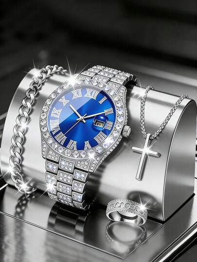 Luxury Shiny Steel Band Quartz Watch And Square Bracelet Necklace Earrings Jewelry Set, Gold Tone Teenager Steel Band Analog Wrist Watch Set With Calendar Function, Inlaid Design, Suitable For Daily, Party, Banquet Outfit, Non-Rechargeable Battery, Birthday Gift, New Year Gift, Valentine's Day Gift For Lover, No Gift Box Included