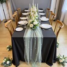 Khăn trải bàn bằng polyester thanh lịch được làm từ vải tuyn ngọc trai, điểm xuyết bằng vải chiffon giả ngọc trai, hoàn hảo để trang trí đám cưới, tiệc sinh nhật, Giáng sinh, Halloween và Lễ Tạ ơn. - thảm cỏ xanh - Xem 8