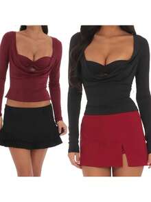 Womens Cowl Neck Cutout Tops Long Sleeve Low Cut Solid Color Slim Fit T-Shirts Fall Blouses - Red - View 2