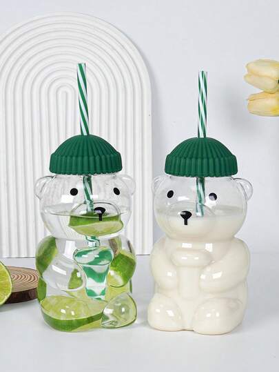 1pc 500ml/17oz Mini Bear Shaped Plastic Straw Cup, Compact Lightweight Durable, Delicate Cute Small, Suitable For Office, Home, Indoor, Coffee Tea Drink, School, Classroom, Office, Home, Holidays, Birthday Ideal Gift
