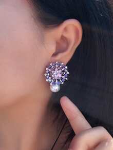 1 Đôi bông tai ngọc trai hình hoa lớn đính đá Cubic Zirconia màu hồng và tím sang trọng, thích hợp cho nữ, phụ kiện trang sức dự tiệc đính hôn. - Hồng - Xem 7