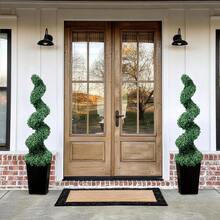 LEMEGO Artificial Spiral Topiary Tree With Black Planter 2.7/4/5FT, Pre-Potted Faux Boxwood Tree For Outdoor Indoor, Christmas Porch Decor, UV Resistant Fake Plant For Front Door Patio Garden - 墨綠色 - 查看 1
