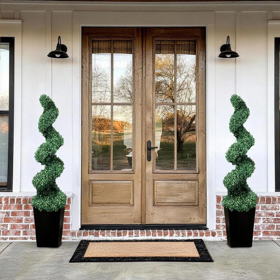 LEMEGO Artificial Spiral Topiary Tree With Black Planter 2.7/4/5FT, Pre-Potted Faux Boxwood Tree For Outdoor Indoor, Christmas Porch Decor, UV Resistant Fake Plant For Front Door Patio Garden - 墨綠色 - 查看 1