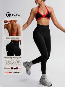 TCVC 女士撞色高弹力透视运动文胸+紧身裤两件套，露背挂脖运动文胸，高腰收腹提臀纯色紧身裤，适合跑步、瑜伽、健身、户外、休闲等场合，黑色 - 黑色 - 查看 1