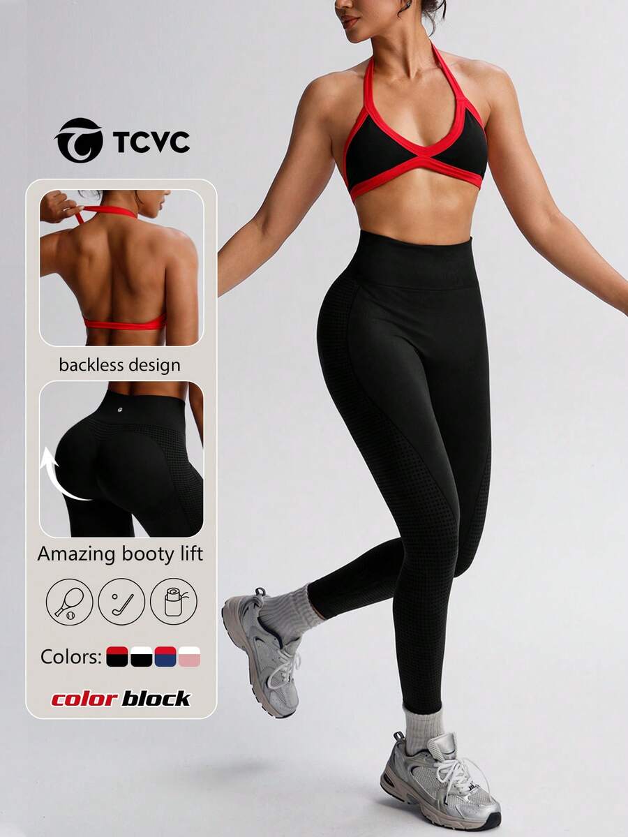 TCVC 女士撞色高弹力透视运动文胸+紧身裤两件套，露背挂脖运动文胸，高腰收腹提臀纯色紧身裤，适合跑步、瑜伽、健身、户外、休闲等场合，黑色 - 黑色 - 查看 1