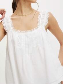 Women Summer Sleeveless Tank Top Square Neck Lace Trim Casual Loose Boho Vest Shirts Basic Solid Tees - trắng - Xem 3