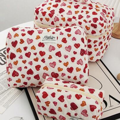 3Pcs Heart Print Quilted Makeup Bag Set, Large Capacity Portable Cosmetic Pouch, Multifunctional Travel Toiletry Bag For Women, Cute Zipper Storage Bag For Skincare & Makeup, Travel Essentials Gifts For Girls