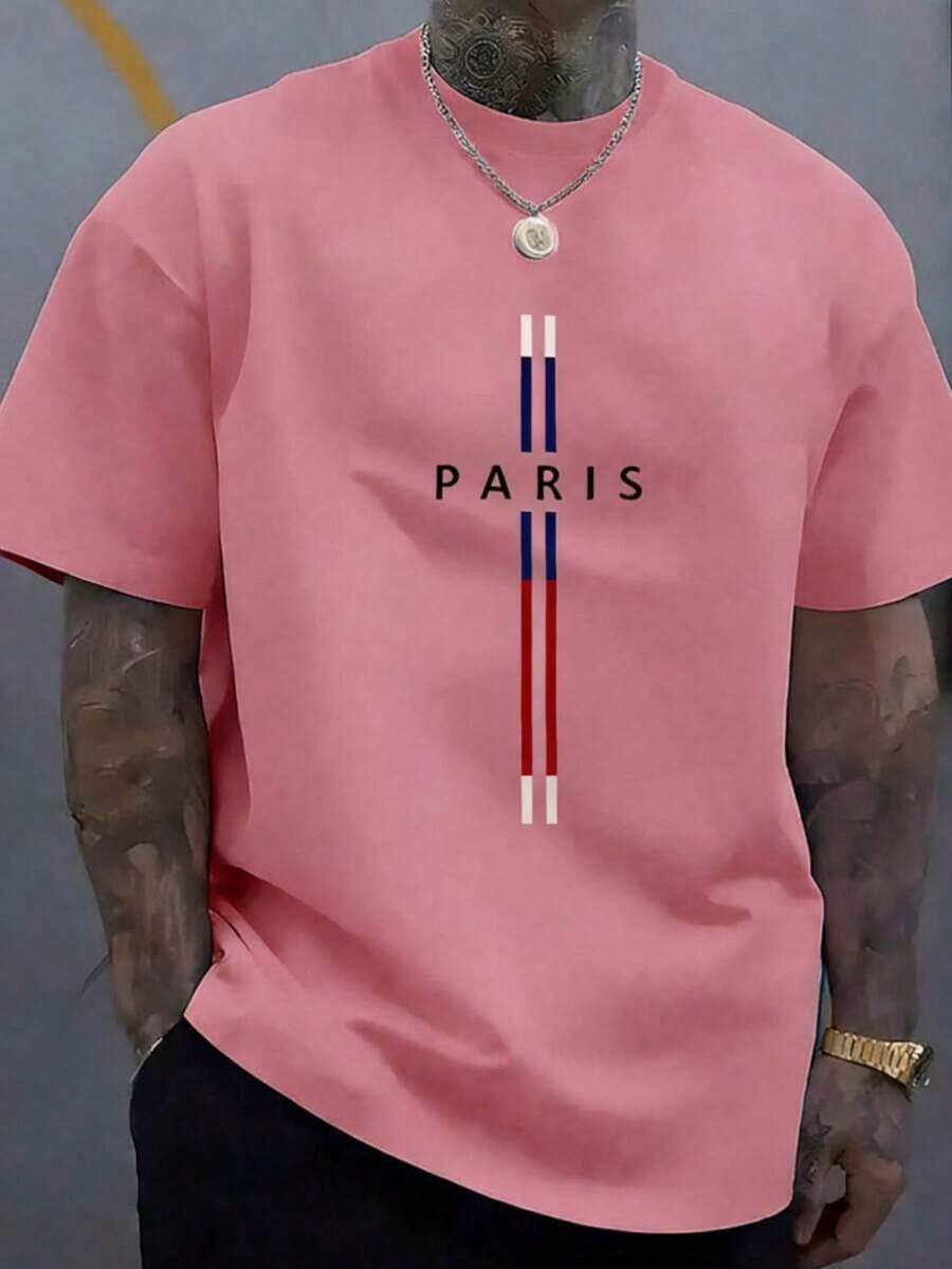 Men's Casual 100% Cotton Soft Crew Neck T-Shirt Daily Wear, High-Quality Plus-Size Pure Cotton Menswear,Mens Cotton T-Shirt, Paris Graphic Design, - 粉色 - 查看 1
