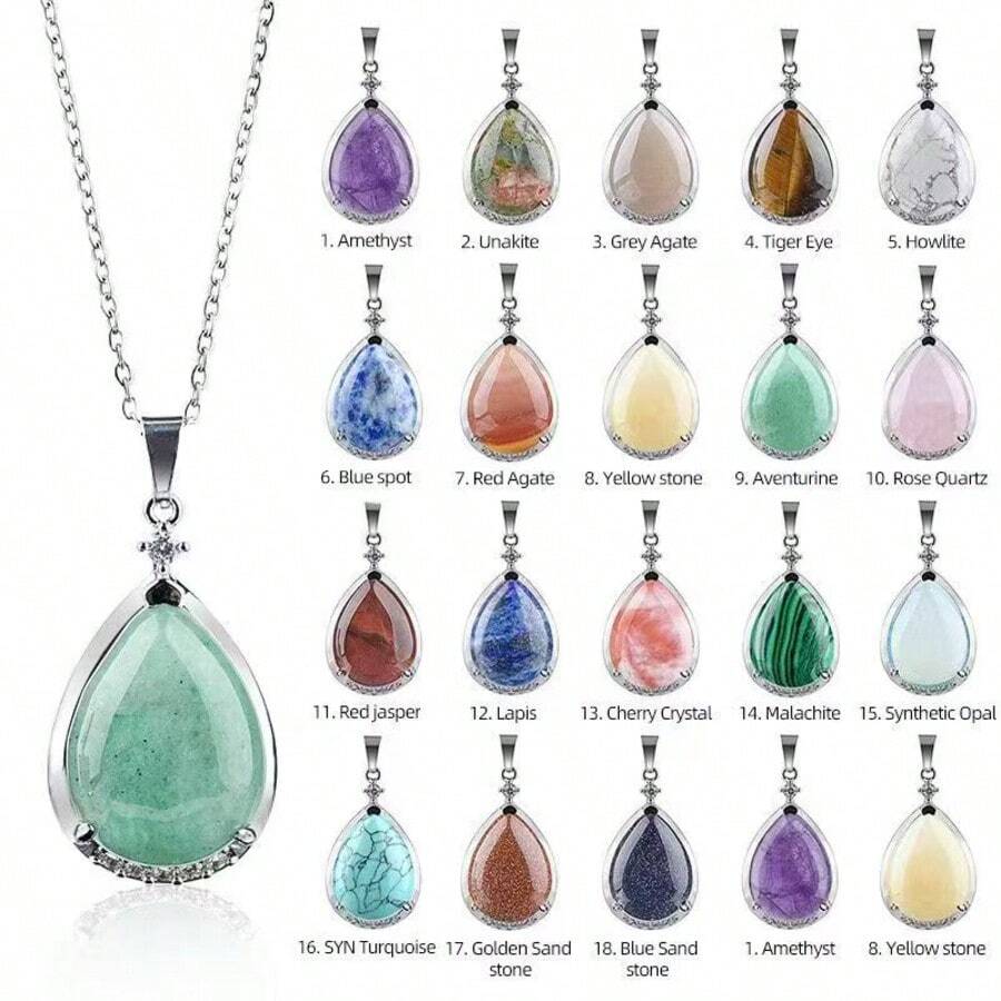 CUPIDCRYSTAL 天然水晶玛瑙宝石水滴吊坠，宝石水晶镶嵌合金，水晶项链，女士节日礼物 - 水滴項鍊 - 查看 1