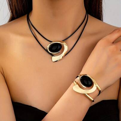 2 Stücke elegantes vintage Acryl-Einlegedesign Armband und Halskette Schmuckset, geeignet für den täglichen Gebrauch von Frauen