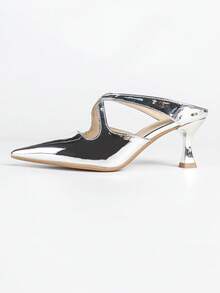 Giày cao gót mũi nhọn hở gót kiểu Pháp, giày cao gót dự tiệc màu bạc, giày cao gót ôm sát mũi nhọn tiện dụng để đi làm. - Bạc - Xem 4