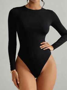 Fyxelle Women's Summer Casual Slim Fit Black Jumpsuit - Round Neck Long Sleeve Design, Double Layer Fabric, Perfect For Daily Workouts And Yoga, Versatile And Flattering Summer Apparel. - Black - View 3