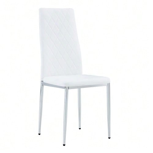 Set Of 4 White Dining Chairs, Diamond Pattern Faux Leather Upholstery, Metal Legs, Modern Style For Kitchen, Living Room, Cafe And Home Office.