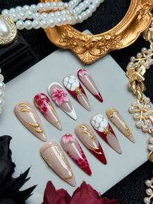 10片手工制作的Y2K风格美甲贴片 | 独特的红色法式甲片 | 3D立体花朵装饰 | 夏季美甲 | 高级亚克力美甲贴片套装 | 完美适合女性日常佩戴 - 彩色 - 查看 2