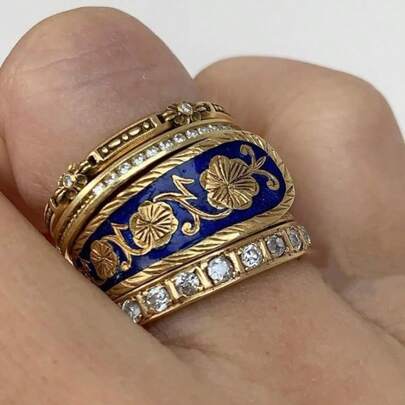 4pcs Set Luxury Retro Enamel & Zirconia Stone Rings, Handmade Palace Style Accessories, Versatile For Party, Wedding, Holiday Gift For Women