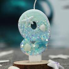 1件海灘主題蠟燭，附海星與貝殼裝飾，0-9數字圖案，亮藍色與白色，適合海灘派對、泳池派對用品、室內裝飾與節日慶祝，海灘派對裝飾 | 海星蠟燭 | 海灘配件 - 生日蠟燭數字 - 查看 9