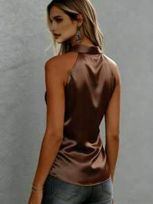 Débardeur en satin avec nœud pour femmes, chemise décontractée pour porter en vacances l'été - Tabac - Voir 3