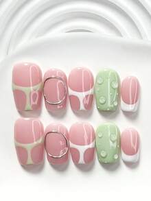 10pcs Summer Style Handmade Nail Art Set, Including Gel Nail Polish, Lines, Water Drop Nail Decor, Green And White Nail Polish, Minimalist And Elegant Style, With Nail Tools (1 Jelly Sticker + 1 Nail File). Available In 3 Sizes: Square, Short Square, Almond. Suitable For Parties, Daily Wear, Parties, Photography, Spring/Summer Commute. Press On Nails - 彩色 - 查看 12