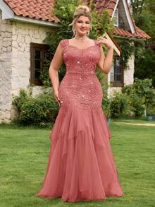 Plus Size Deep V-Neck Sequin Floral Lace & Mesh Fishtail Maxi Formal Gown, Suitable For Wedding Guest, Homecoming, Formal Dance, Birthday, Graduation Ceremony, Gala Dinner Elegant Summer - Dusty Pink - View 3