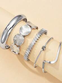 5pcs Vintage Exaggerated Luxurious Geometric Design Wide Metal Silver Bangle Set, Suitable For Daily Wear And Gift - Silver - View 4