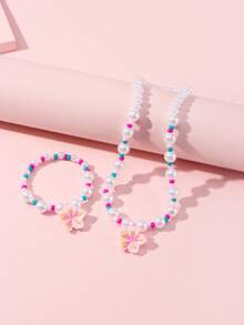 Conjunto de 2 peças com pingente de flor delicada, pérola e miçangas de vidro. Ideal para festas, escola, aniversários e como presente para meninas. Cor aleatória. - Multicolorido - Ver 8