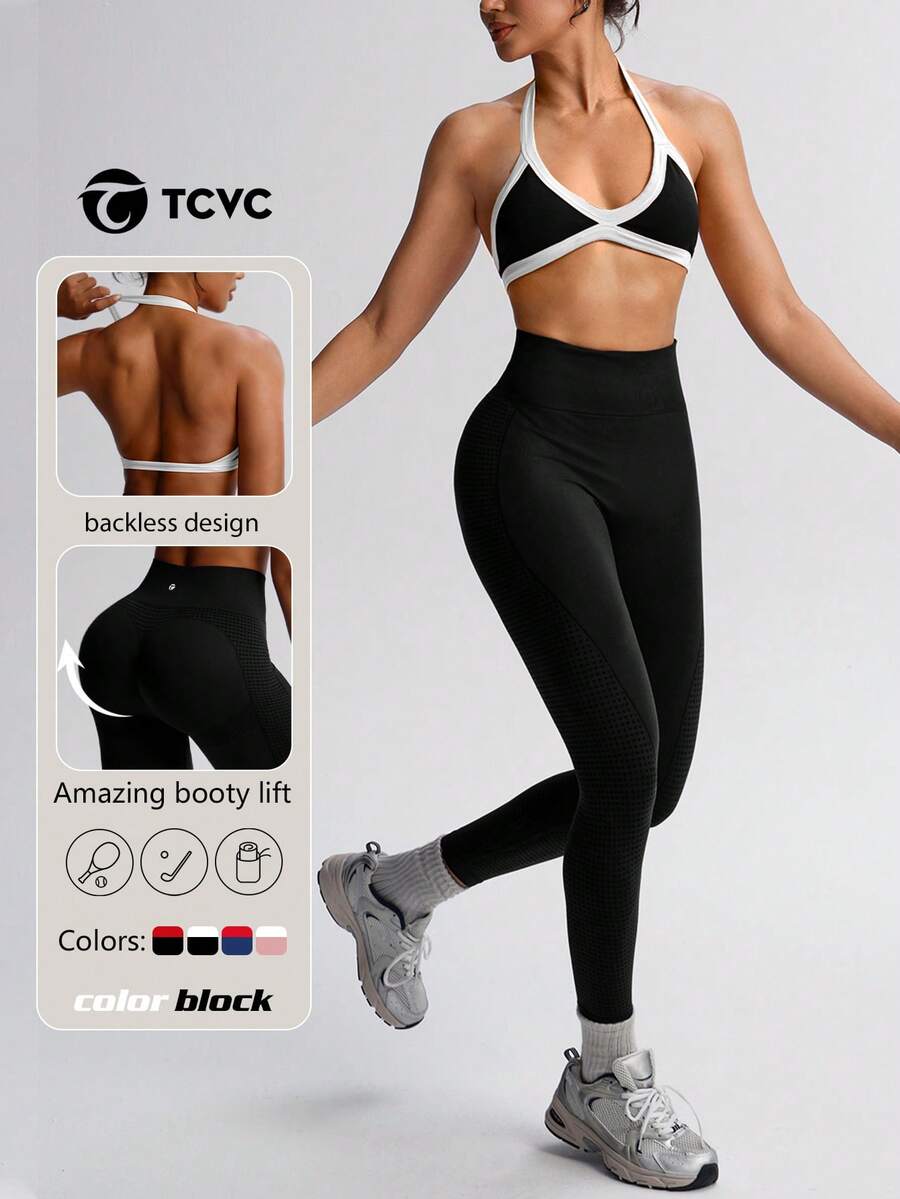 TCVC 女款對比色高彈性透視運動內衣 + 緊身褲 2 件套,掛脖露背運動內衣,高腰修身蜜桃臀素色緊身褲,適合跑步、瑜伽、健身房、戶外、休閒 - 黑與白 - 查看 1