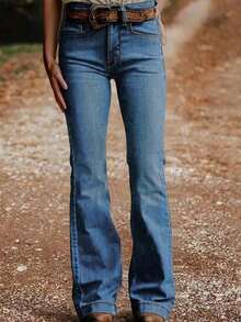 Women's Fashion Back Pocket Embroidered Flare Stretch Jeans - 中藍色 - 查看 3