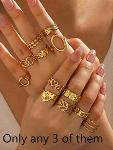 12 piezas Juego de anillos abiertos de acero inoxidable con tono dorado, diseños geométricos de corazón y hoja, anillos ajustables, uso diario elegante y regalo - Dorado - Ver 6