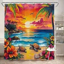 1/4 Piece Bathroom Set, Hibiscus Flower, Seashell, Sea Turtle, Tropical Plants, Ocean, Coastal Blue Green Yellow Pink Shower Curtain, Machine Washable For Summer, Bathroom Use, Includes 12 Hooks, Non-Slip Bath Mat, U-Shaped Toilet Lid Cover - A - View 14